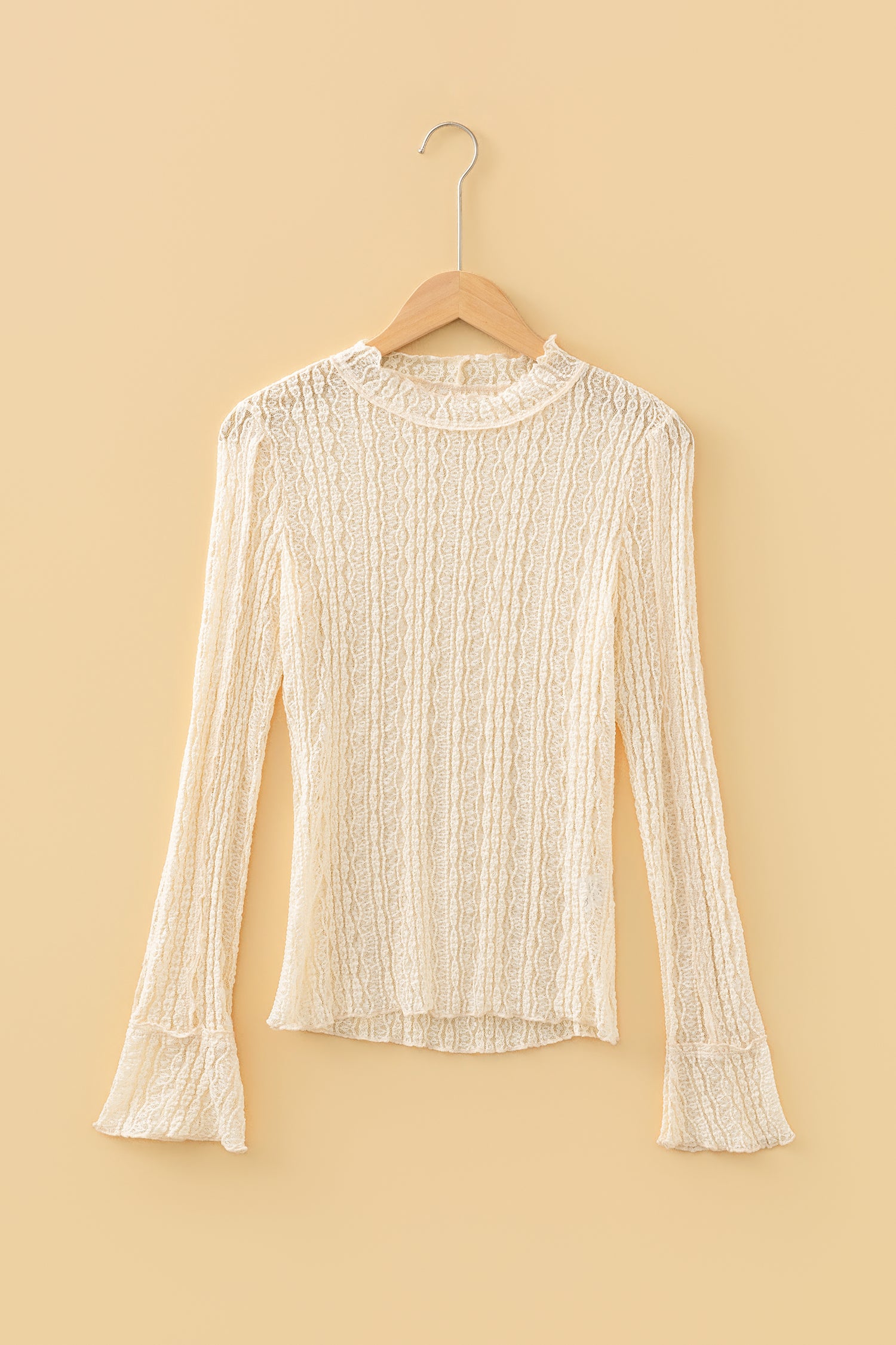 Flounced Long Sleeve Mock Neck Sheer Lace Top