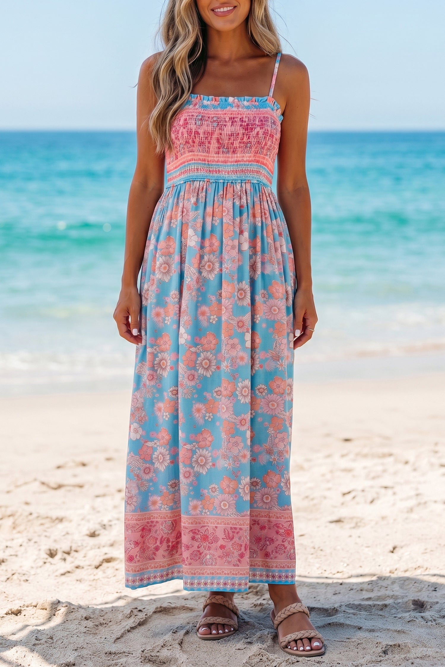 Boho Ethnic Print Smocked Waist Spaghetti Strap Maxi Dress