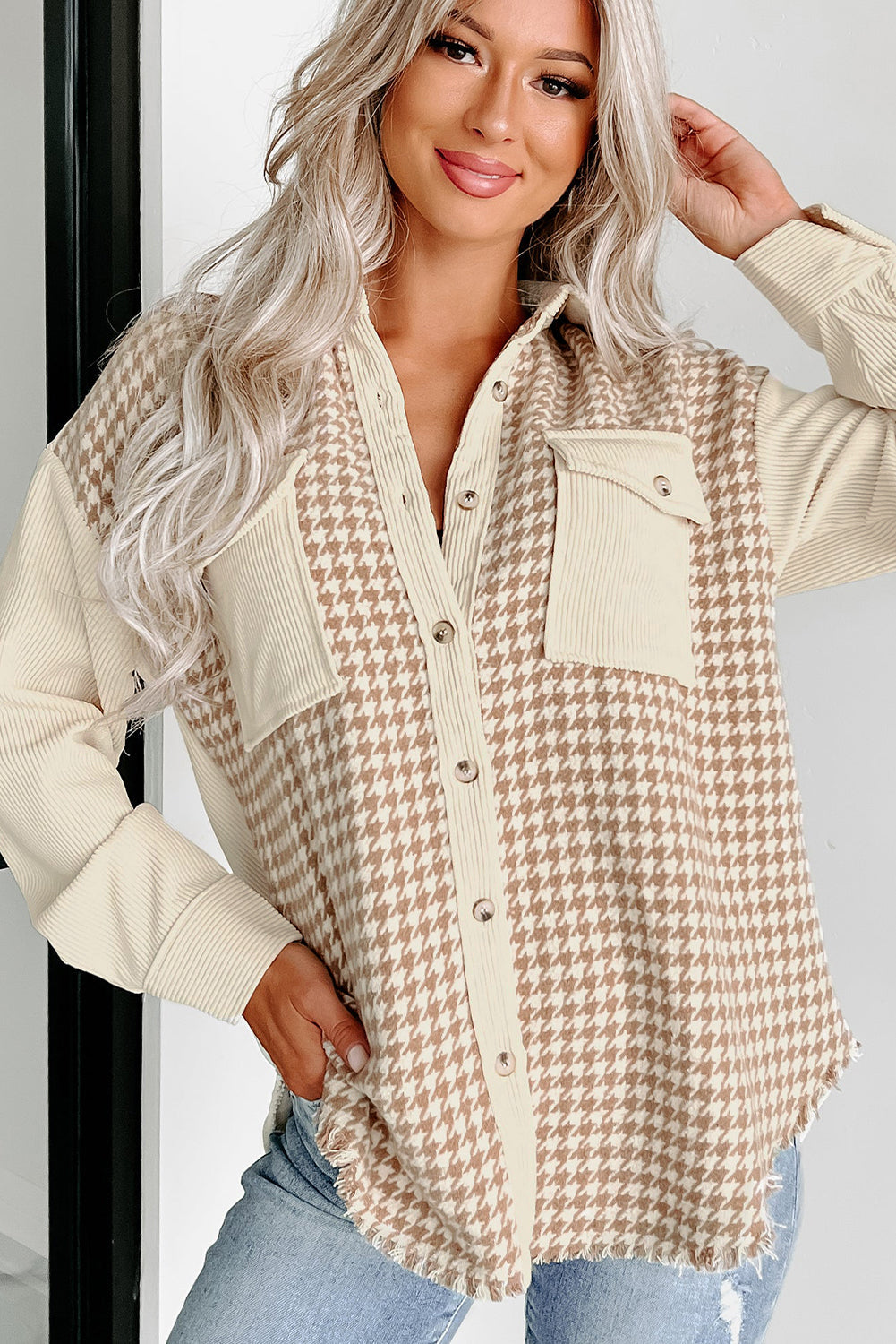 Parchment Houndstooth Corduroy Patchwork Flap Pocket Shacket Beagle Boutique Fashion Outlet