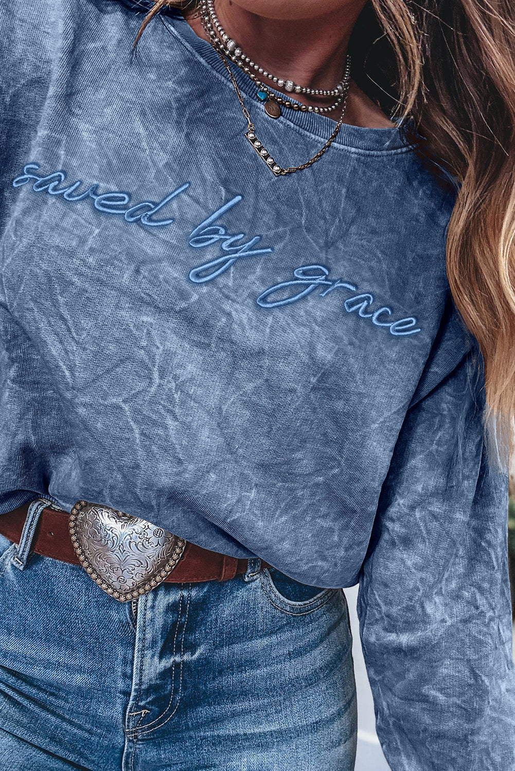 "Saved By Grace" Letter Embroidery Mineral Wash Loose Sweatshirt - eAura