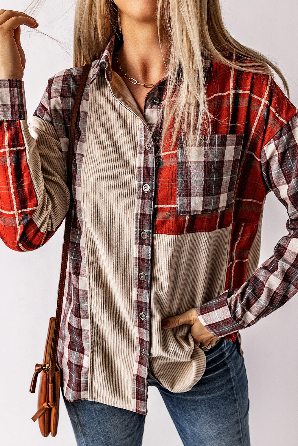 Plaid Corduroy Patchwork Shacket Beagle Boutique Fashion Outlet