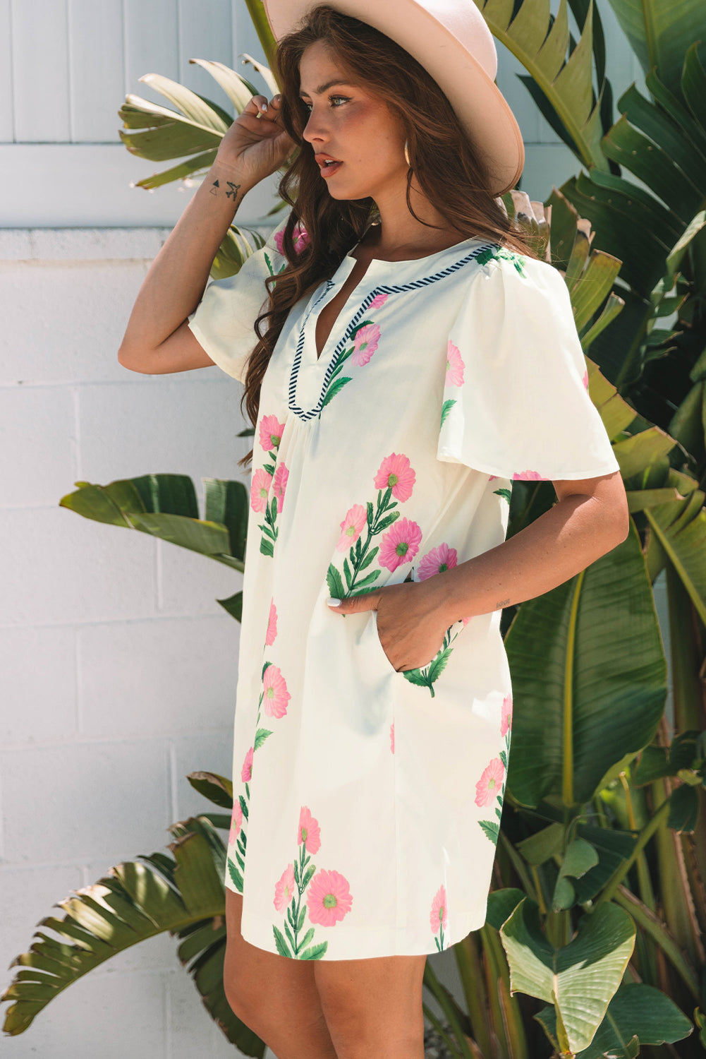 Floral Short Sleeve Split Neck Loose Mini Dress eAura