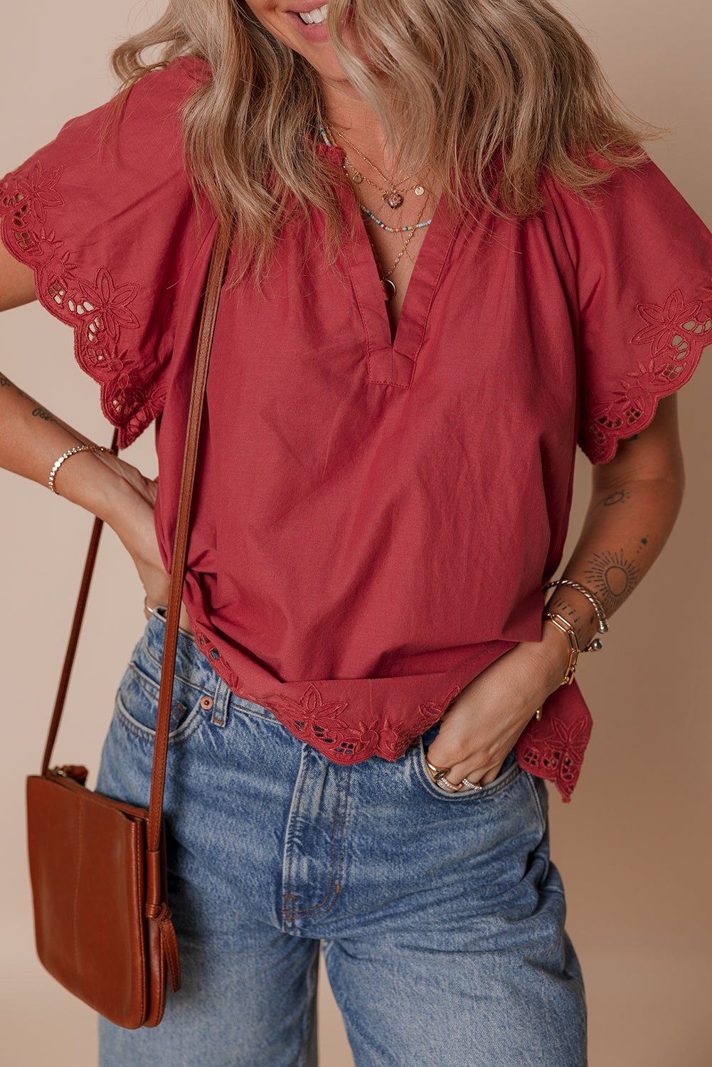 Red Dahlia Floral Embroidered Scallop Trim Short Sleeve V Neck Blouse eAura