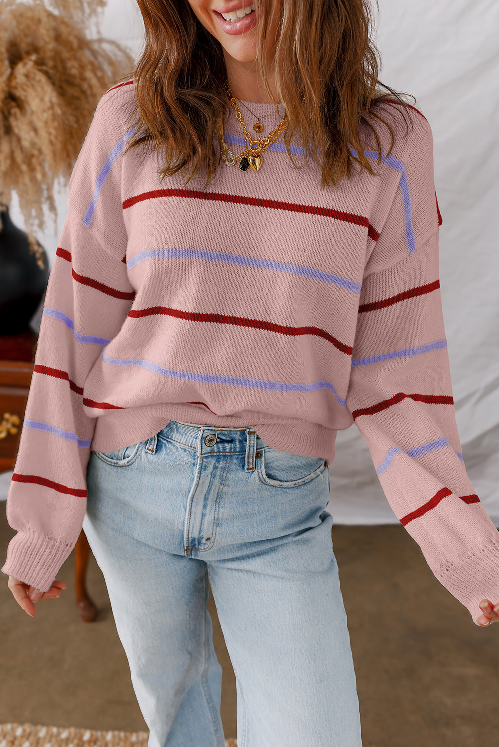 Striped Ribbed Edge Drop Shoulder Sweater eAura
