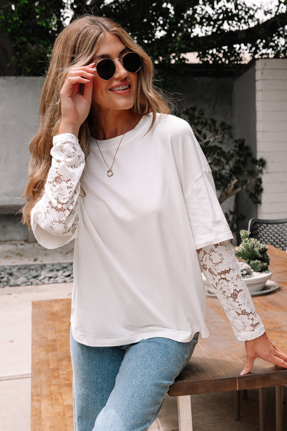 White Lace Long Sleeve Insert Drop Shoulder Tee eAura