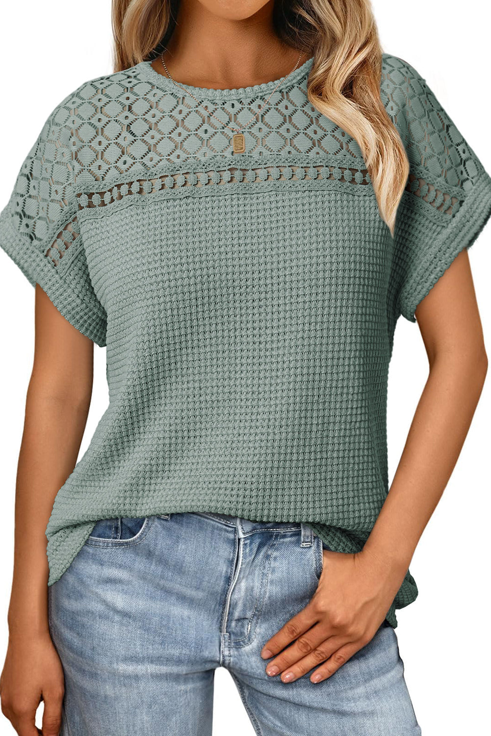 Mist Green Lace Patchwork Waffle Short Sleeve Top eAura