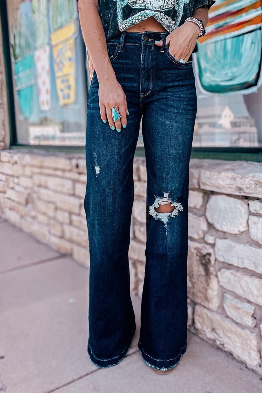 Real Teal High Rise Ripped Bell Bottom Jeans Beagle Boutique Fashion Outlet