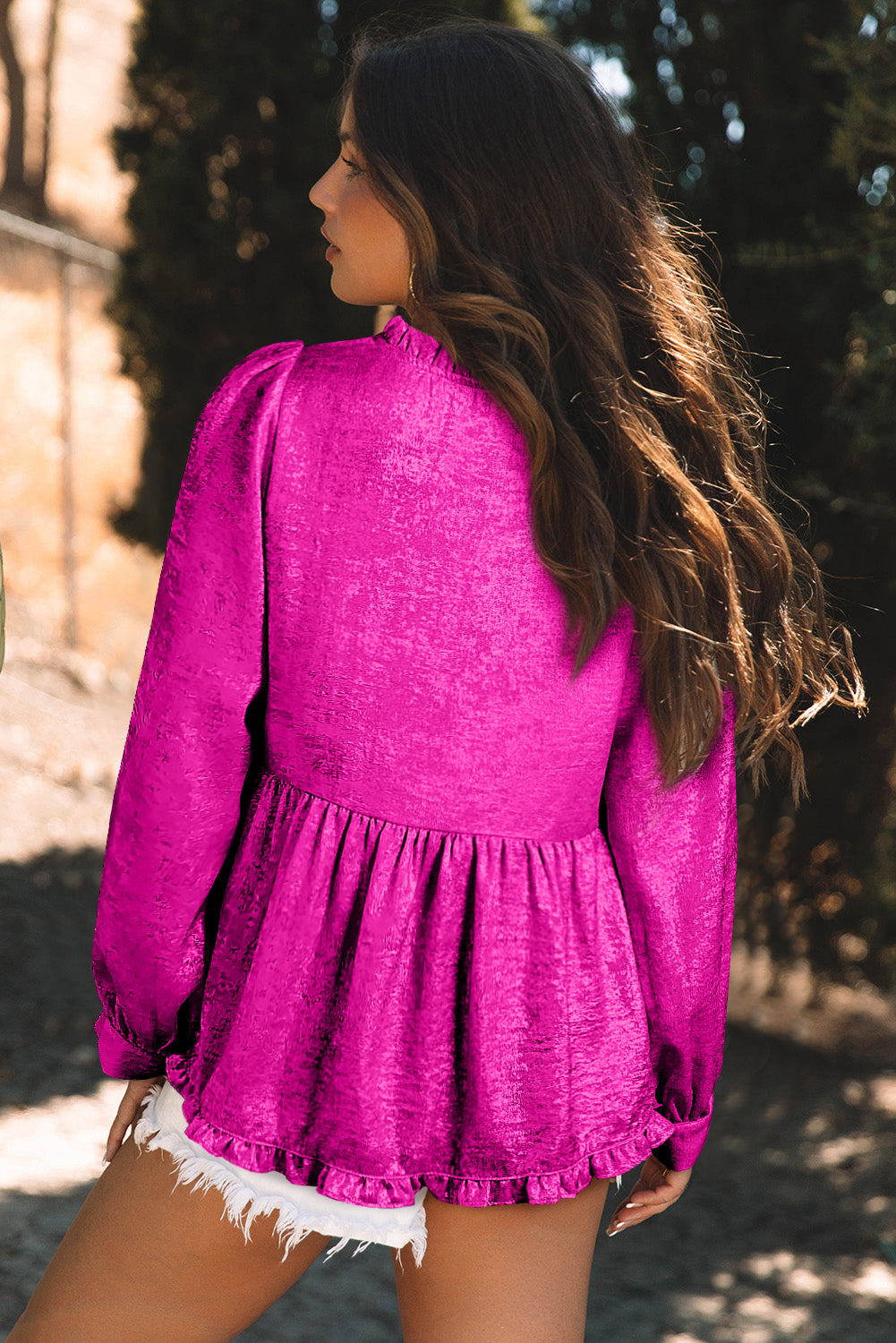 Rose Red Metallic Frilled V Neck Puff Sleeve Babydoll Blouse eAura