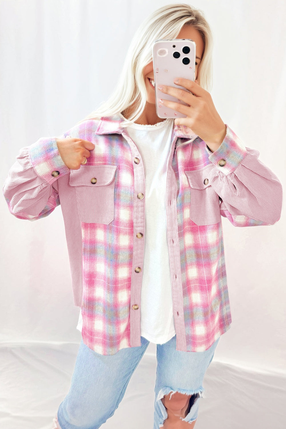Pink Brushed Plaid Ribbed Flap Pockets Patchwork Shacket eAura