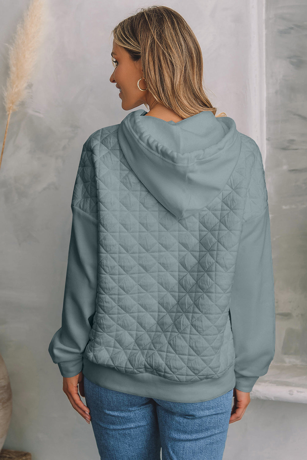 Light Grey Drop Shoulder Quilted Patchwork Kangaroo Pocket Hoodie eAura