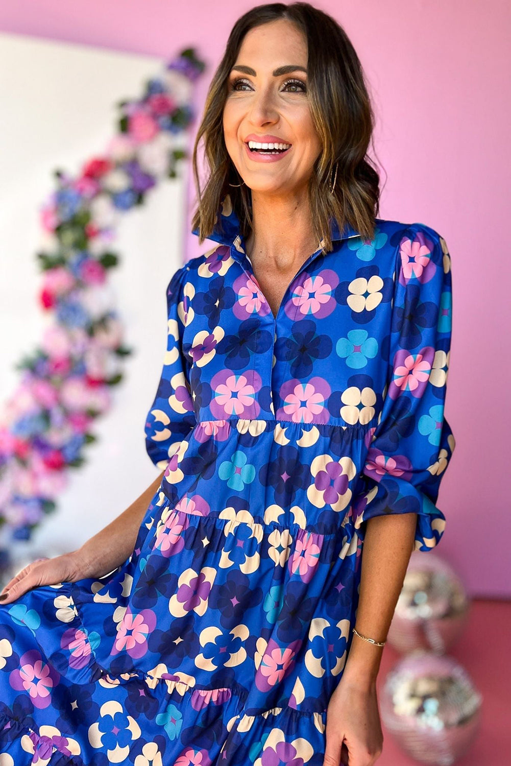 Blue Floral Peasant Sleeve Tiered Ruffle Midi Dress eAura