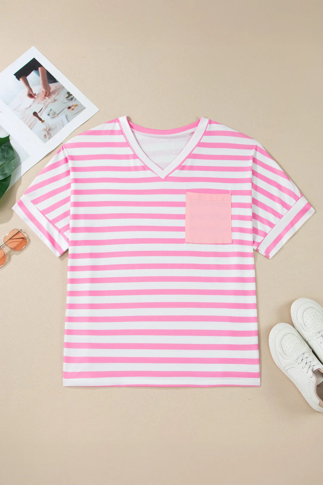 Plus Size Stripe Colourblock Patched Pocket V-Neck Tee