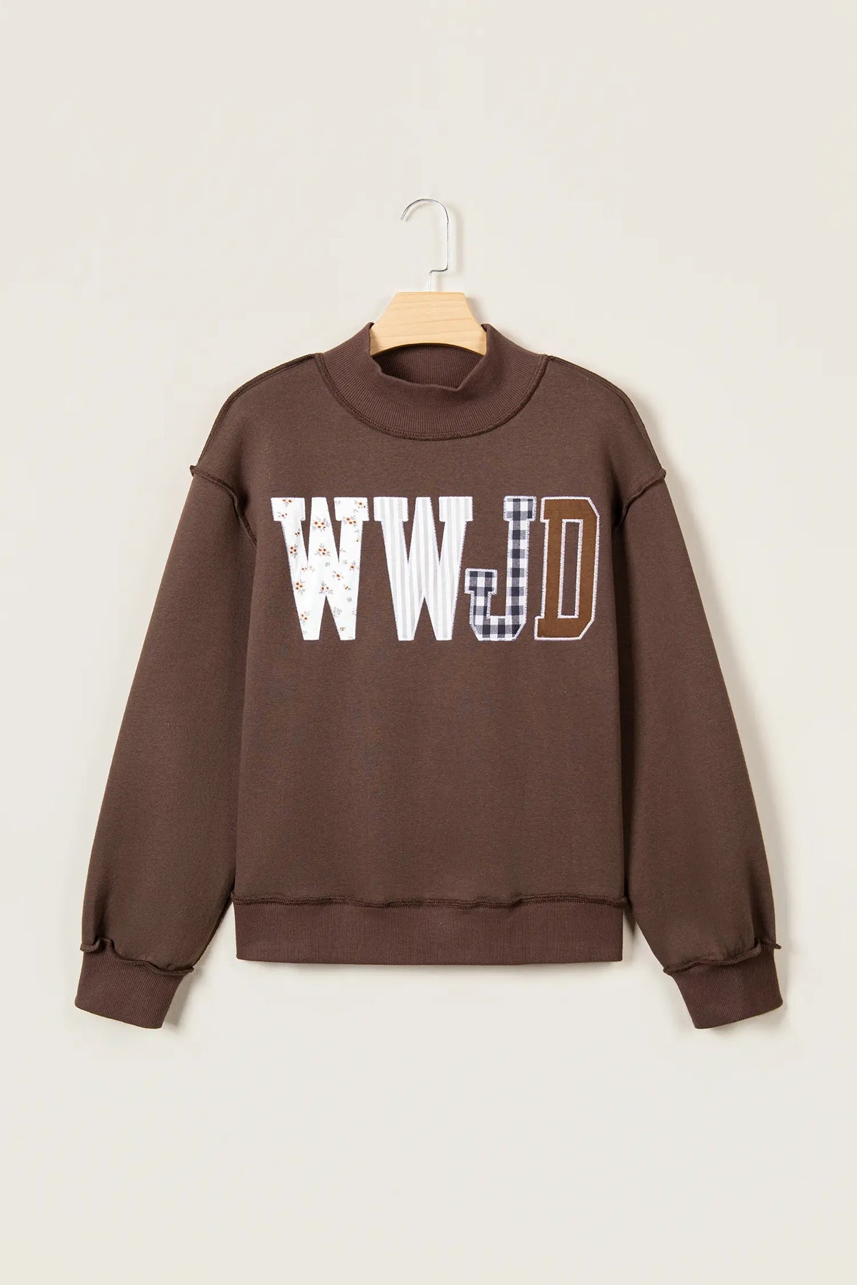 WWJD Mixed Pattern Embroidered Patch Graphic Mock Neck Sweatshirt – Grey