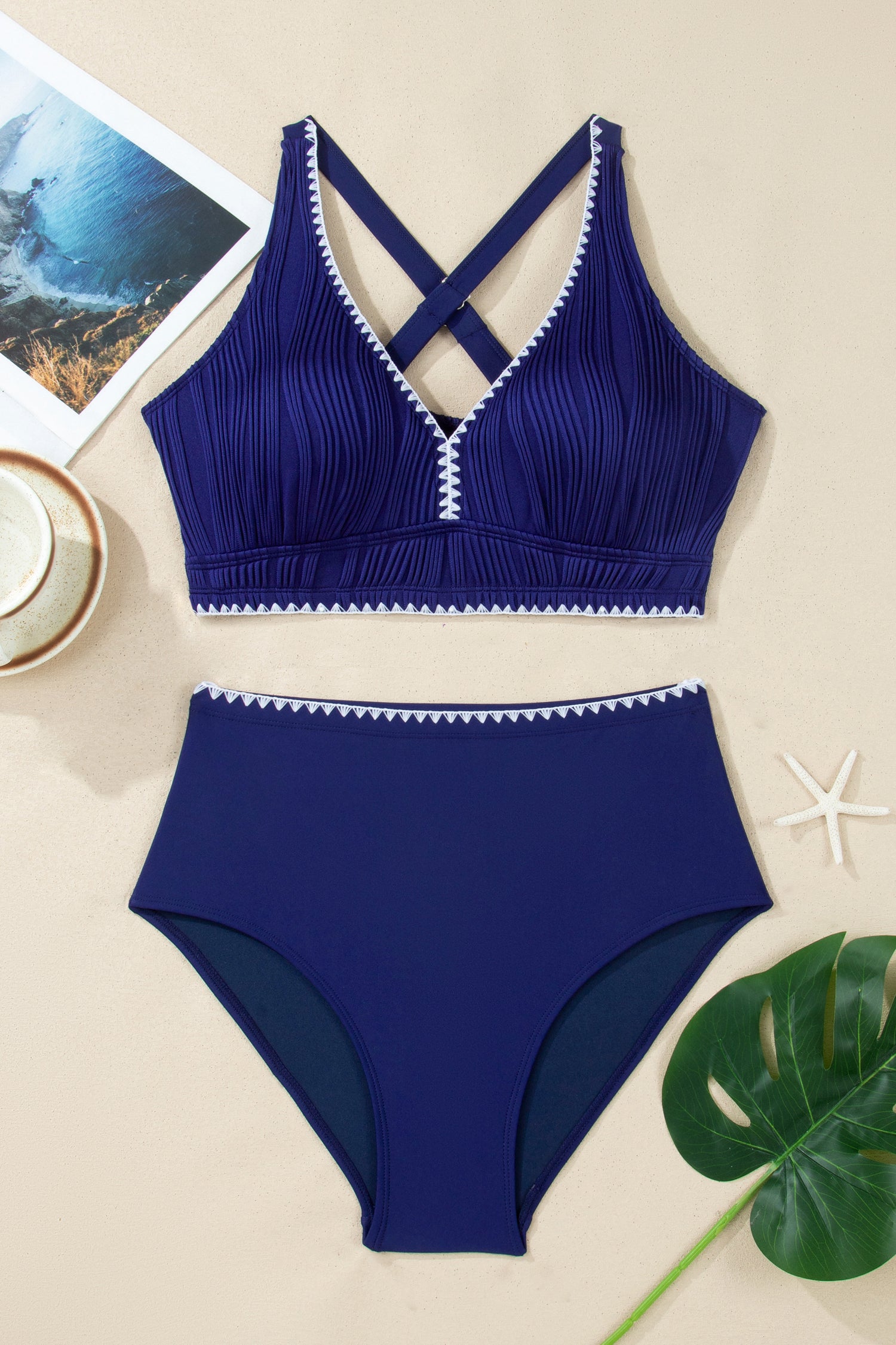 Shell Stitched Trim V-Neck Textured High Waist Bikini
