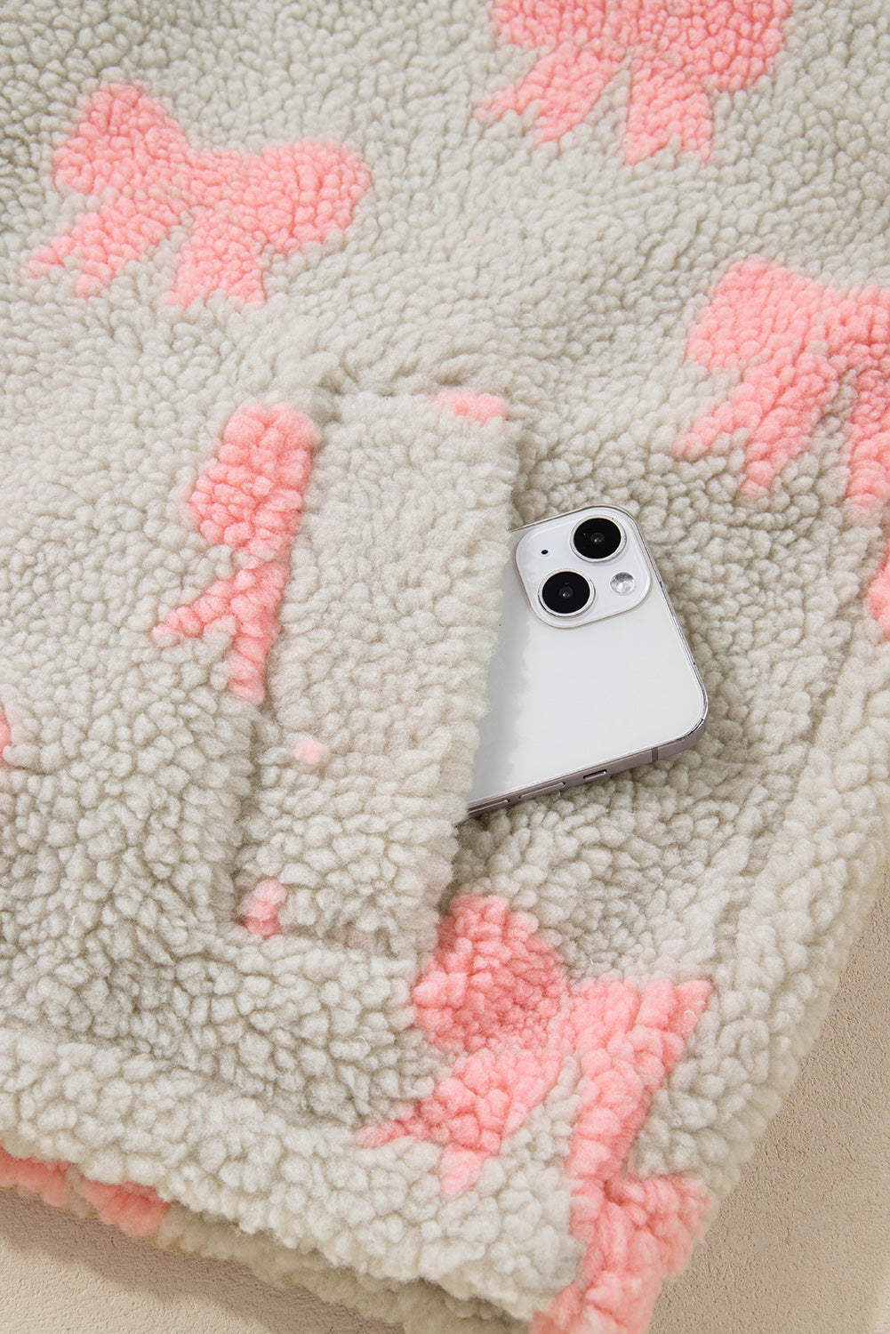 Grey Bow Sherpa Quarter Zip Drop Shoulder Baggy Sweatshirt - eAura