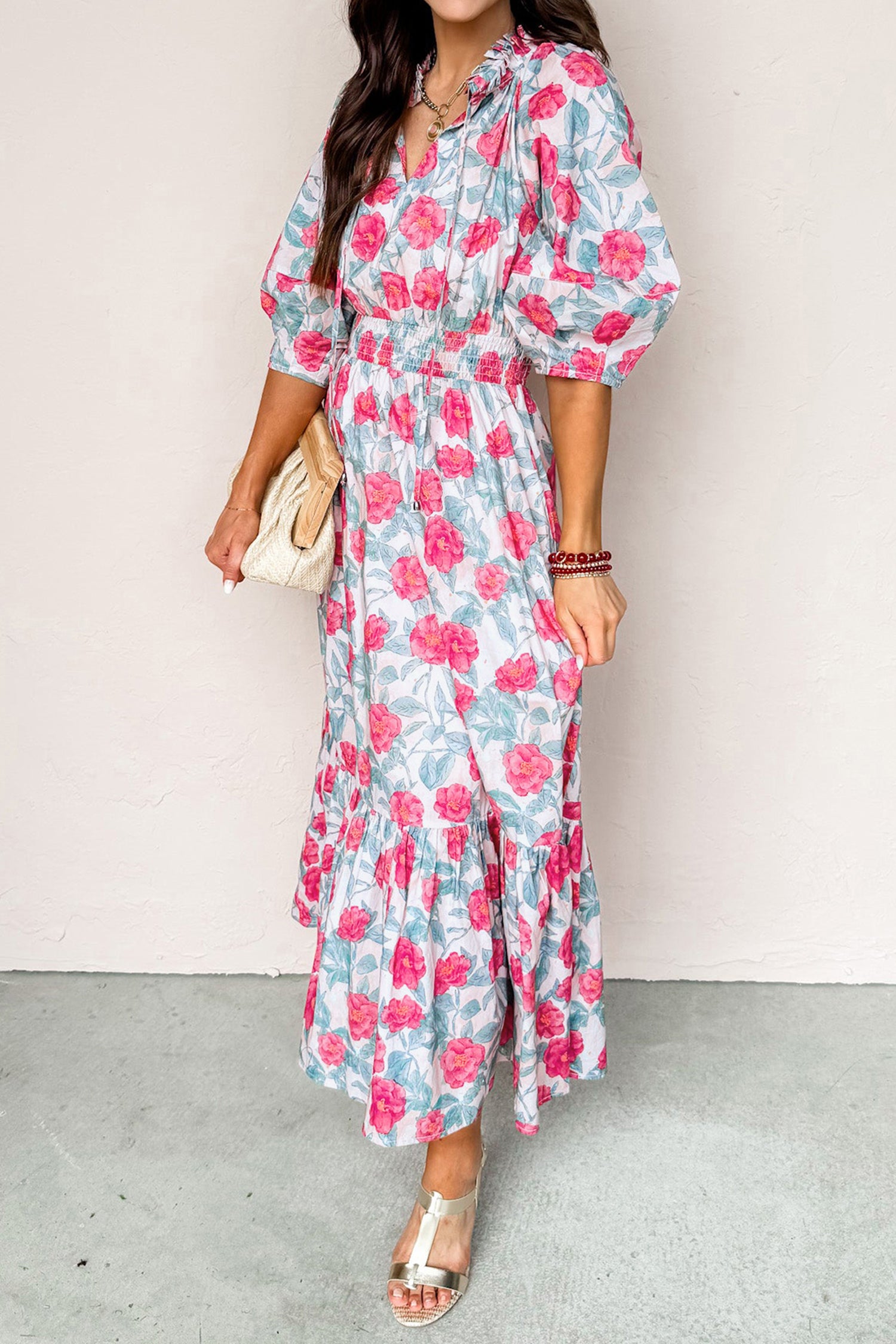 Floral Tie V-Neck Puff Sleeve Ruffle Tiered Midi Dress