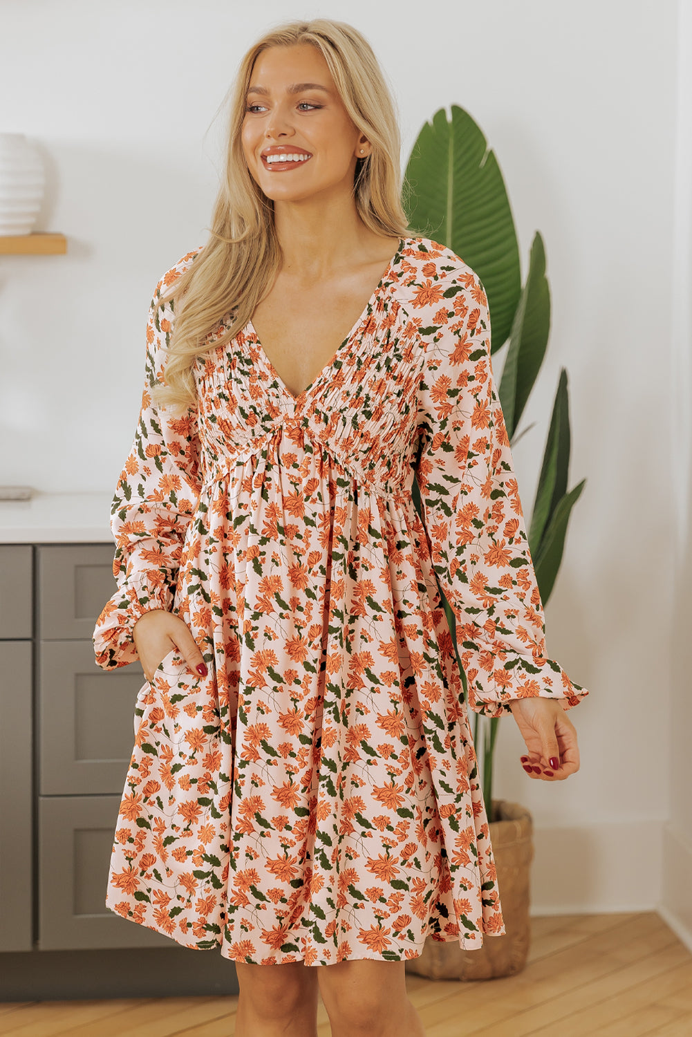 Beige Floral Deep V Neck Smocked Bust Bubble Sleeve Babydoll Dress eAura