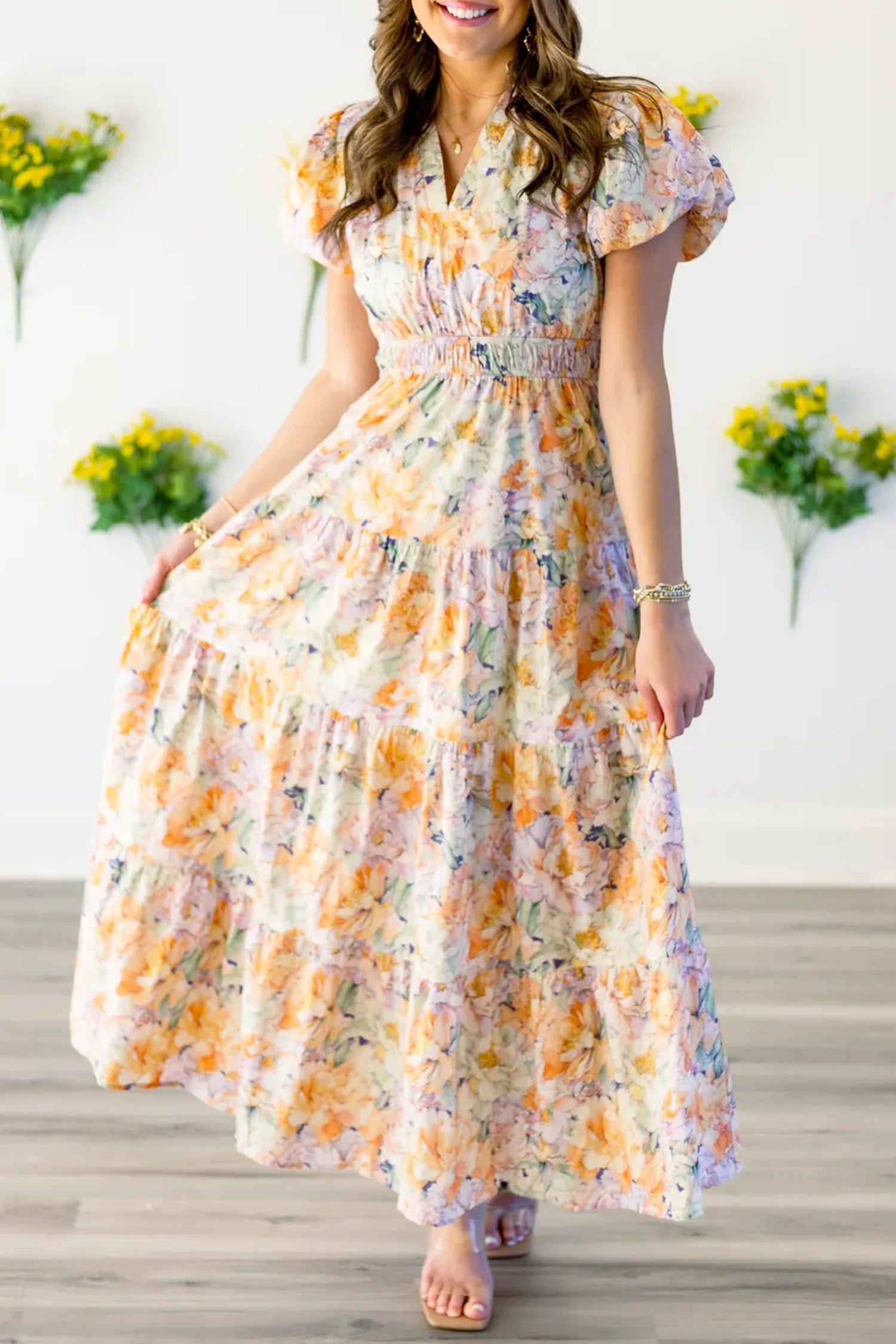 Floral Bubble Sleeve V-Neck Flared Maxi Dress