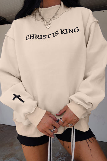 CHRIST IS KING Embroidery High Neck Baggy Sweatshirt – Beige