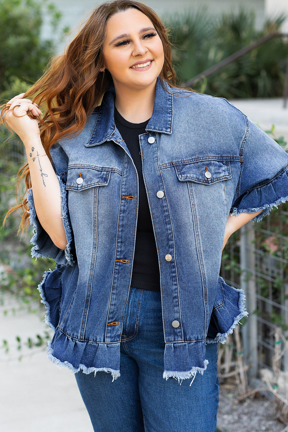 Peacock Blue Ruffled Frayed Short Sleeve Plus Size Denim Jacket Beagle Boutique Fashion Outlet