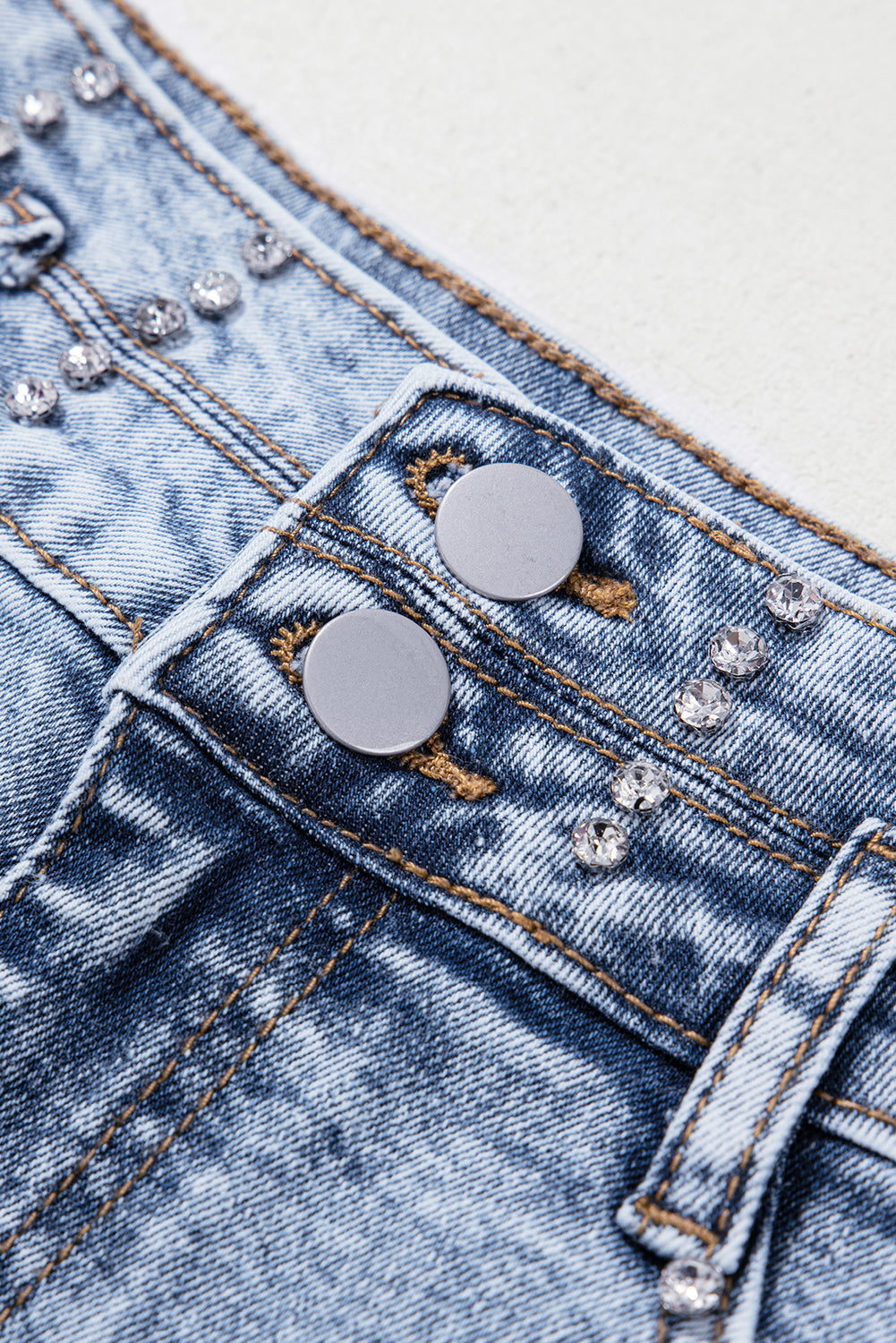 Beau Blue Rhinestone Light Wash Raw Hem High Waist Denim Shorts eAura