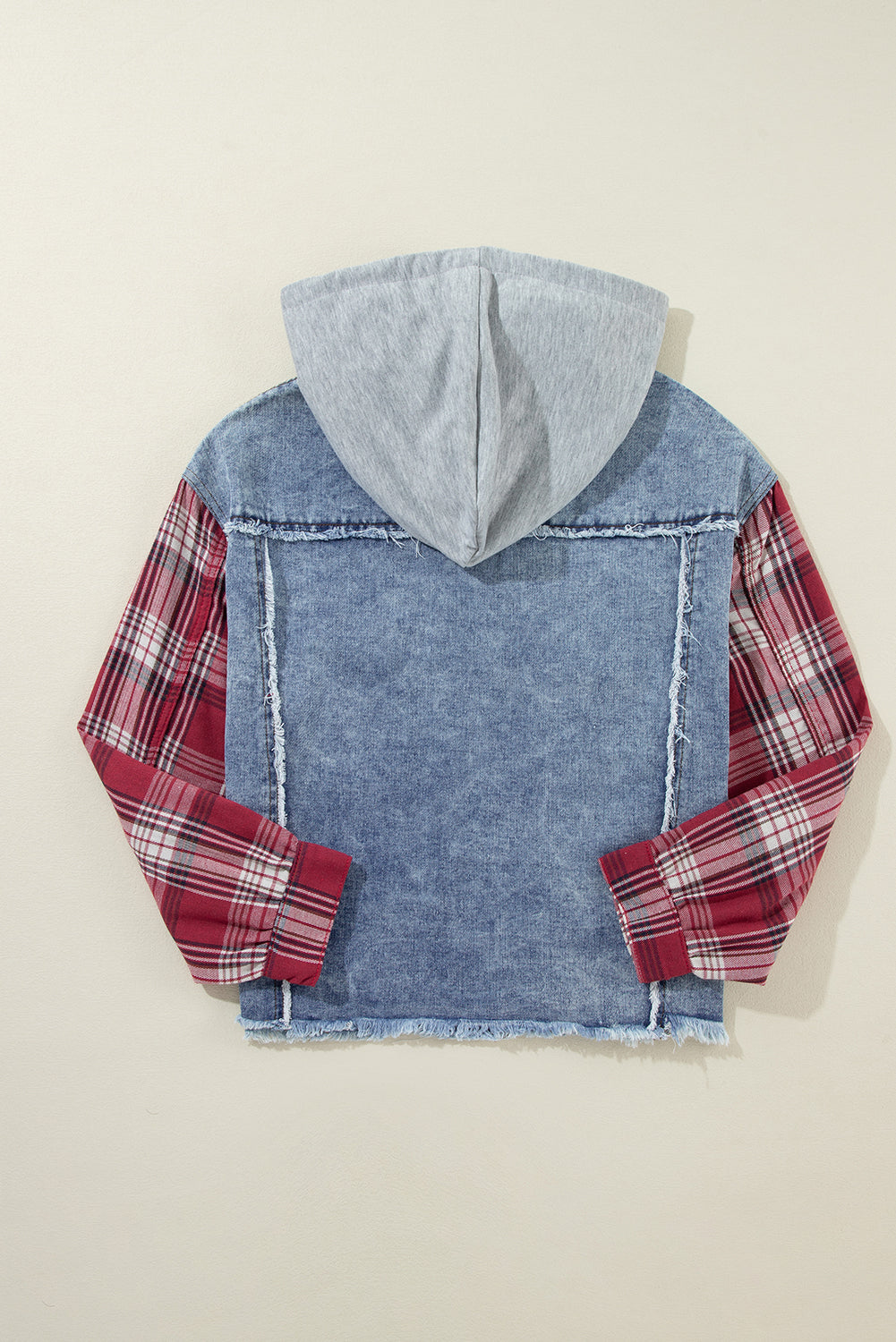 Beau Blue Plaid Print Patchwork Hooded Raw Hem Denim Jacket Beagle Boutique Fashion Outlet