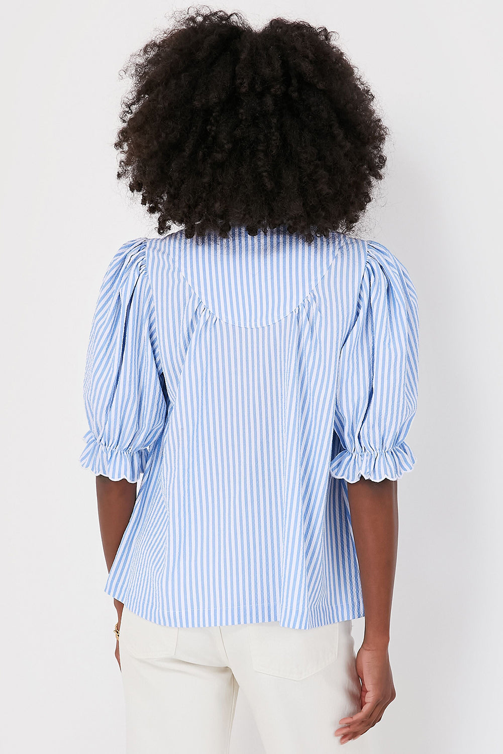 Blue Stripe Ruffled Collar Puff Sleeve Half Buttons Blouse eAura