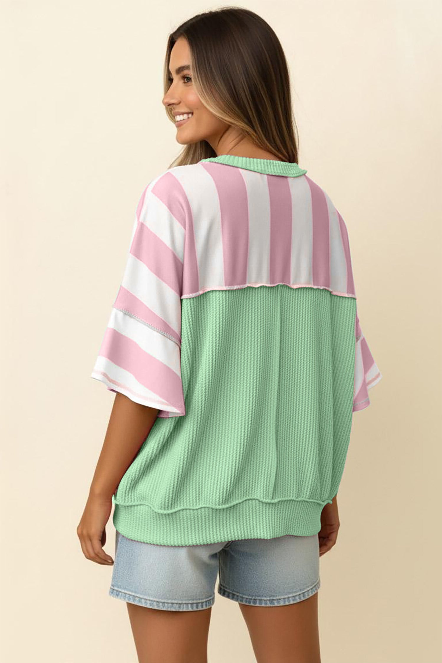 Green Stripe Exposed Seam Ribbed Patchwork Oversized Tee – Pink Stripe