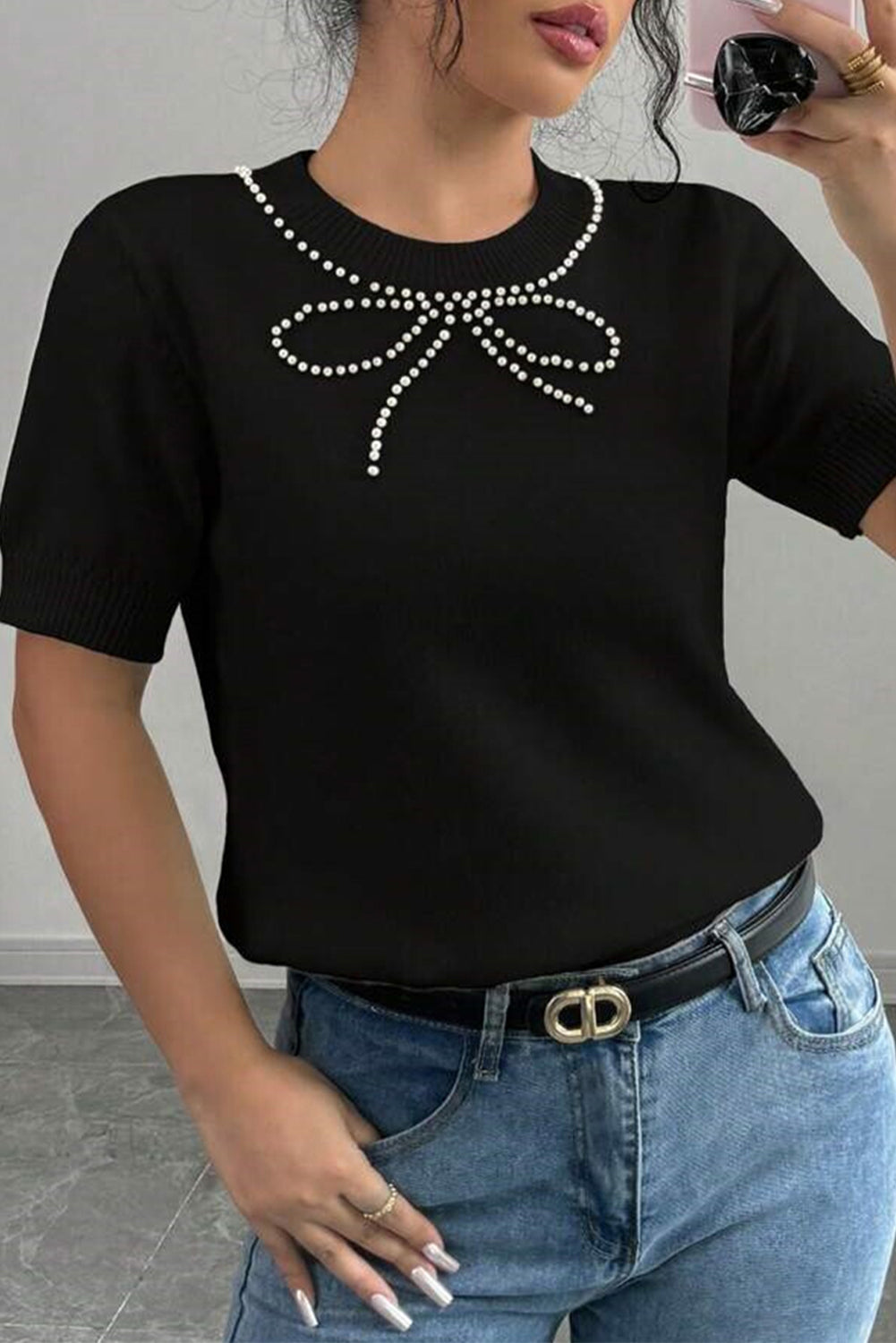 Black Pearl Bow Necklace Embellished Short Sleeve Knitted T Shirt eAura