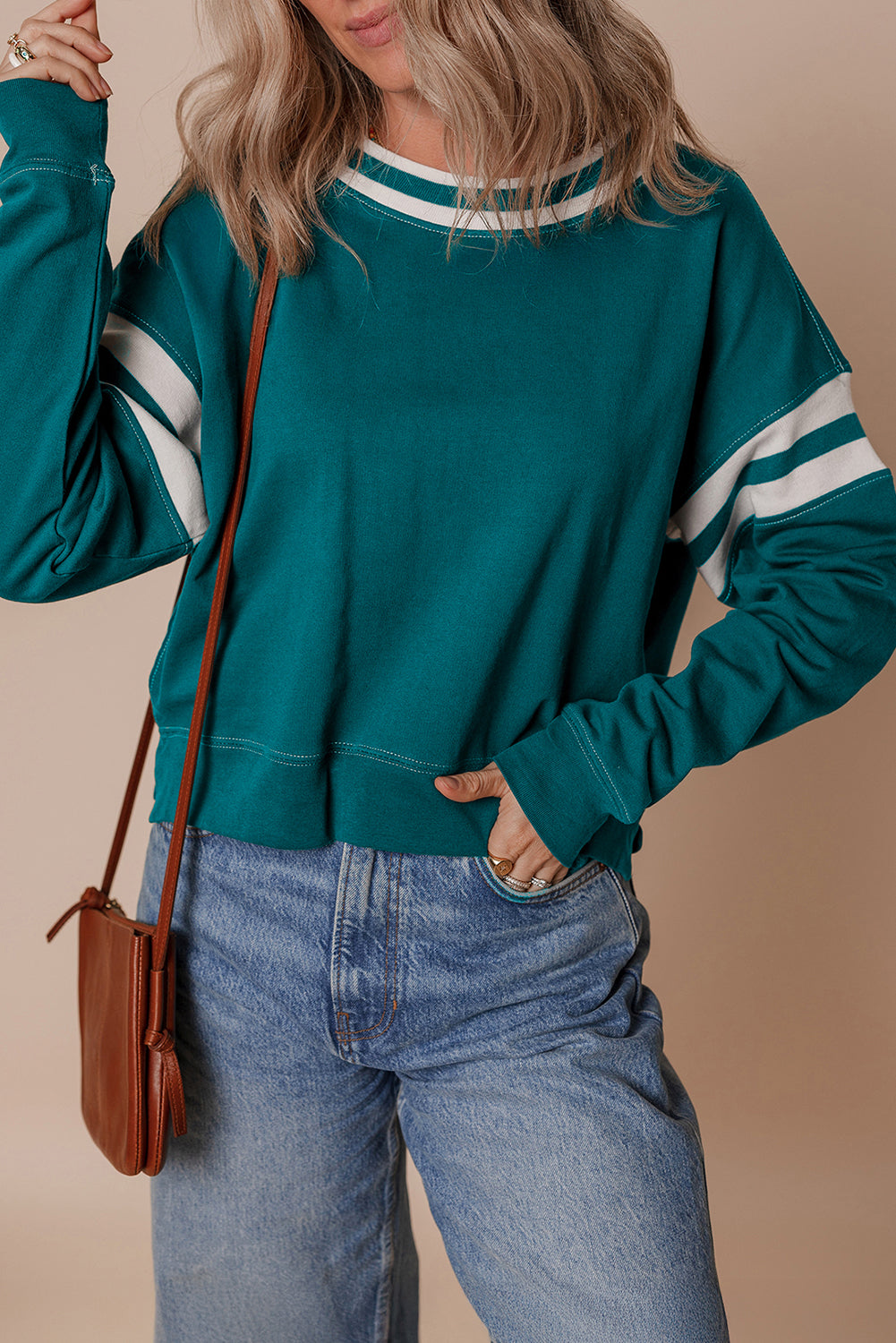Green Contrast Striped Patchwork Drop Shoulder Sweatshirt - eAura