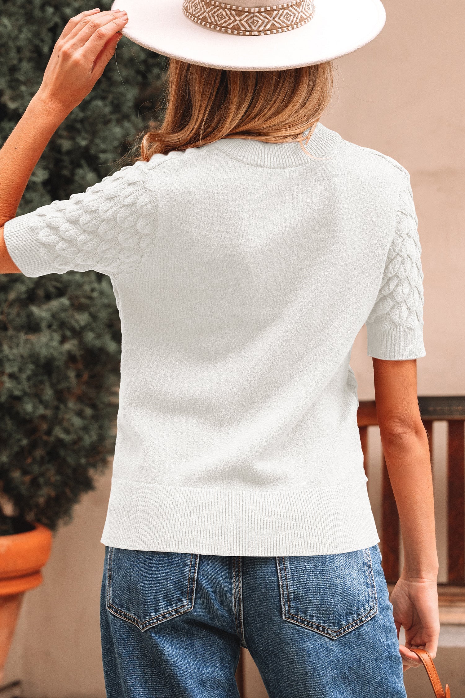 Fish Scale Textured Knit Ribbed High Neck Short Sleeve Sweater - eAura