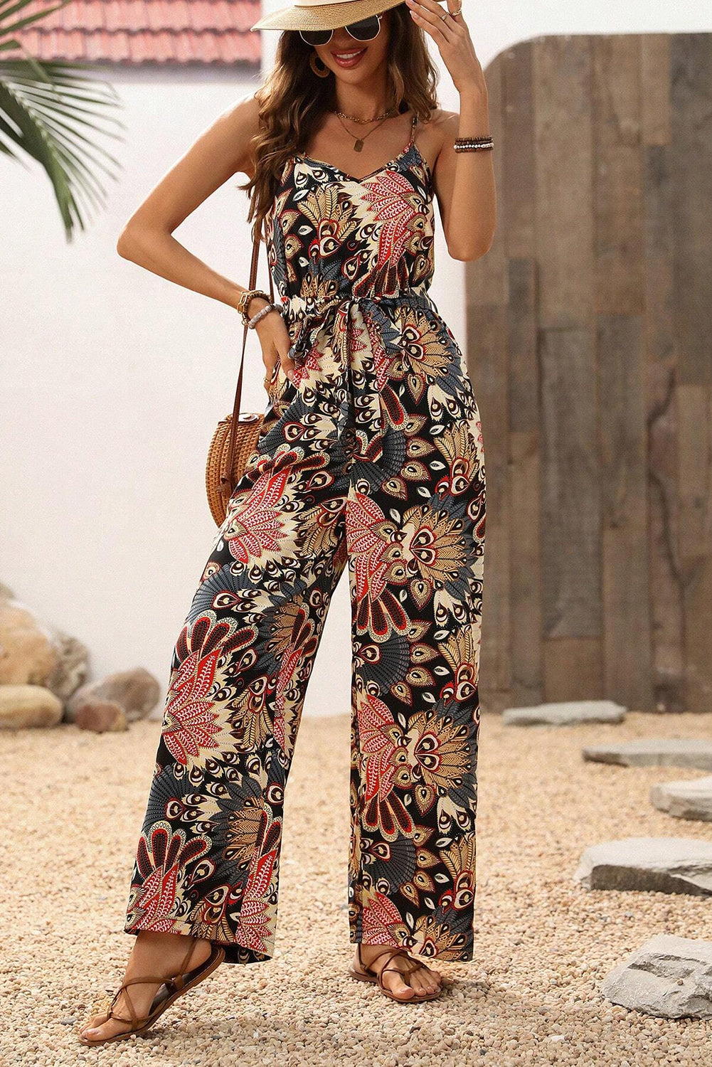 Black Floral Print Belted Sleeveless Wide Leg Jumpsuit eAura