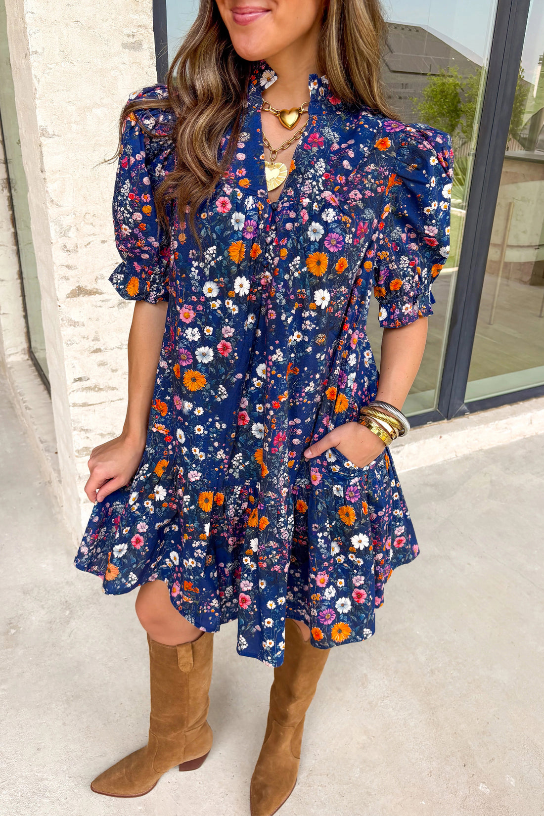Wild Daisy Floral Split Neck Short Puff Sleeve Mini Dress