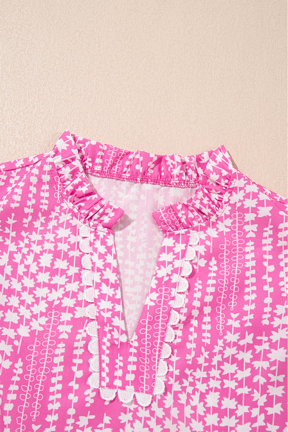 Pink Abstract Print Ric Rac Trim Flutter Sleeve Notch V Neck Blouse eAura