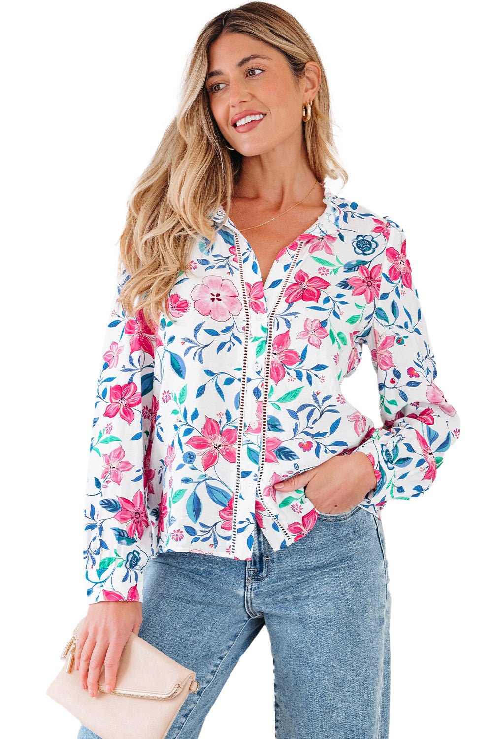 Pink Floral Print Lace Detail Button-up Long Sleeve Shirt - eAura