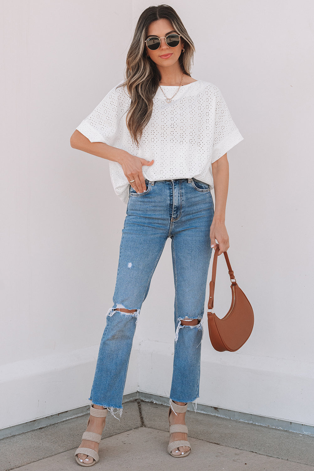 White Eyelet Pattern Boat Neck Casual Tee eAura