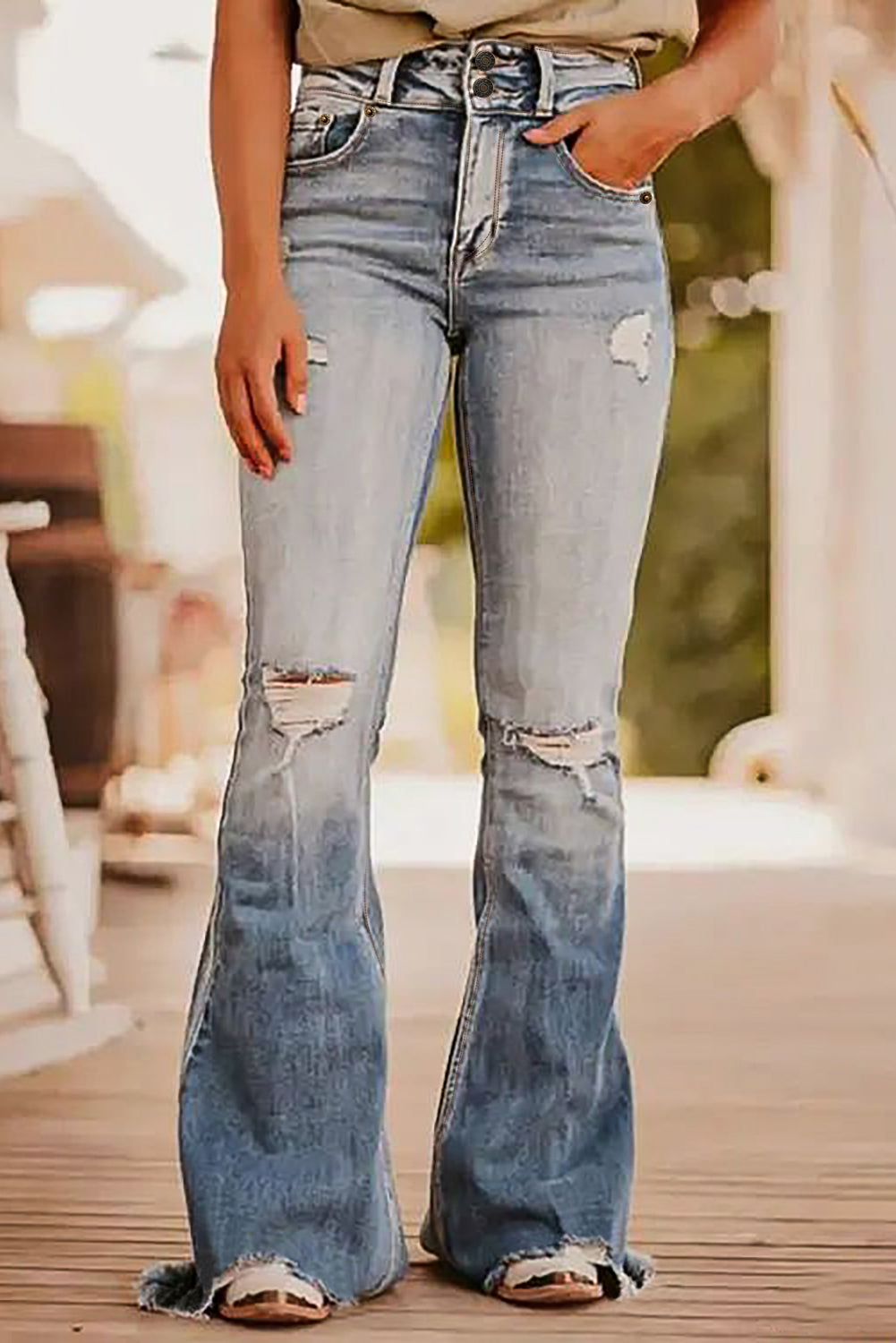 Dusk Blue Vintage Light Wash Ripped Raw Edge Flare Jeans Beagle Boutique Fashion Outlet