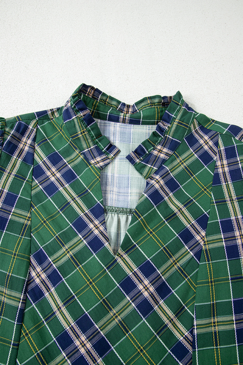 Green Plaid Print Frilly Collar Long Sleeve Shift Mini Dress eAura