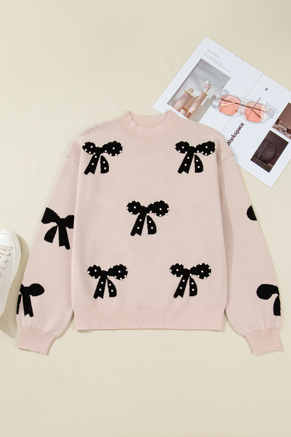 Pearl Embellished Bow Pattern Loose Sweater eAura