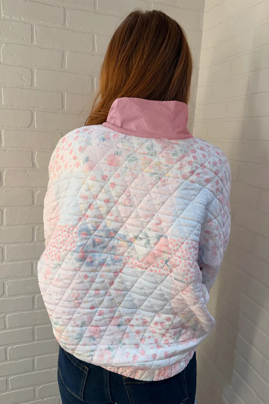 Floral Quilted V-Neck Plus Size Fake Pocket Sweatshirt – Pink