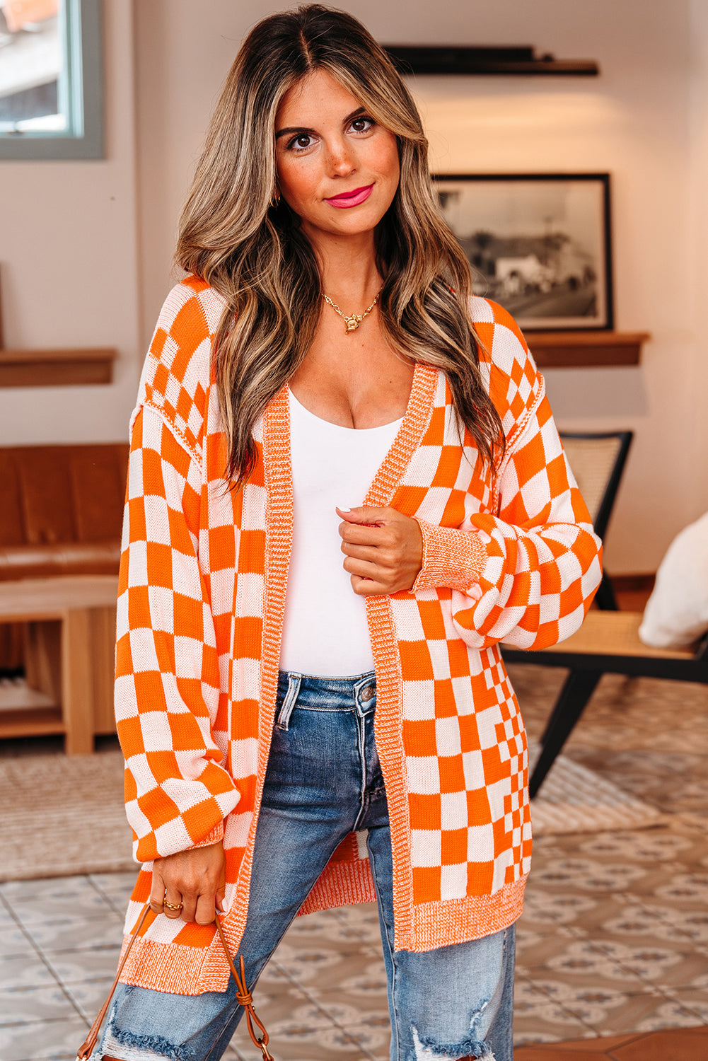 Orange Checkered Open Front Drop Shoulder Cardigan eAura