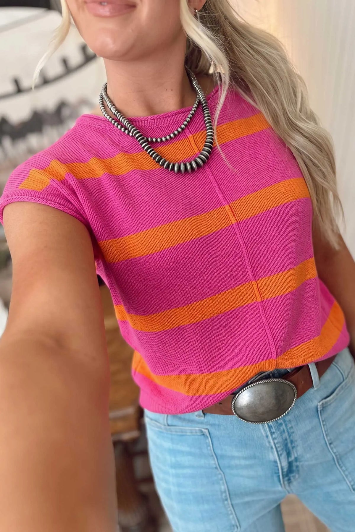Knit Western Short Sleeve Sweater – Brown Stripe
