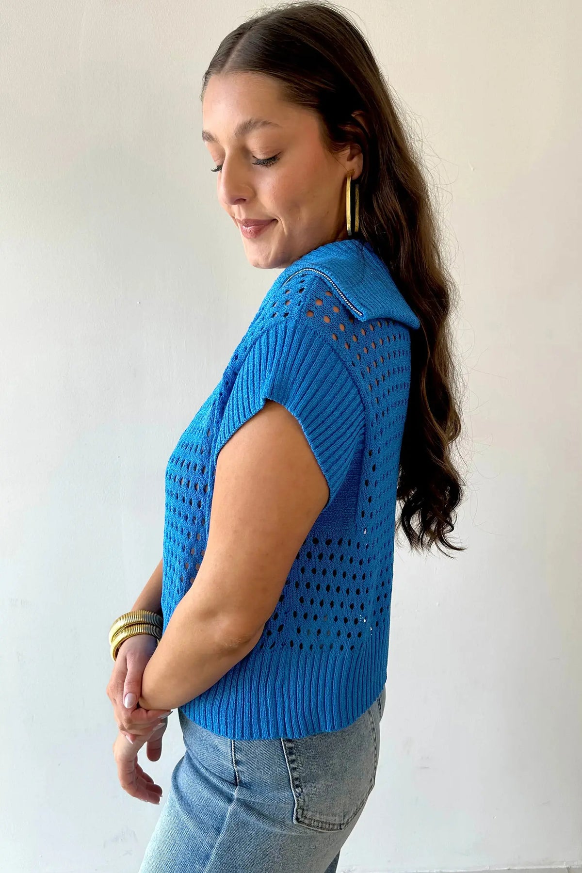 Sky Blue Solid Colour Hollowed Knit Short Sleeve Zipper Collar Knitwear Top – Light Blue