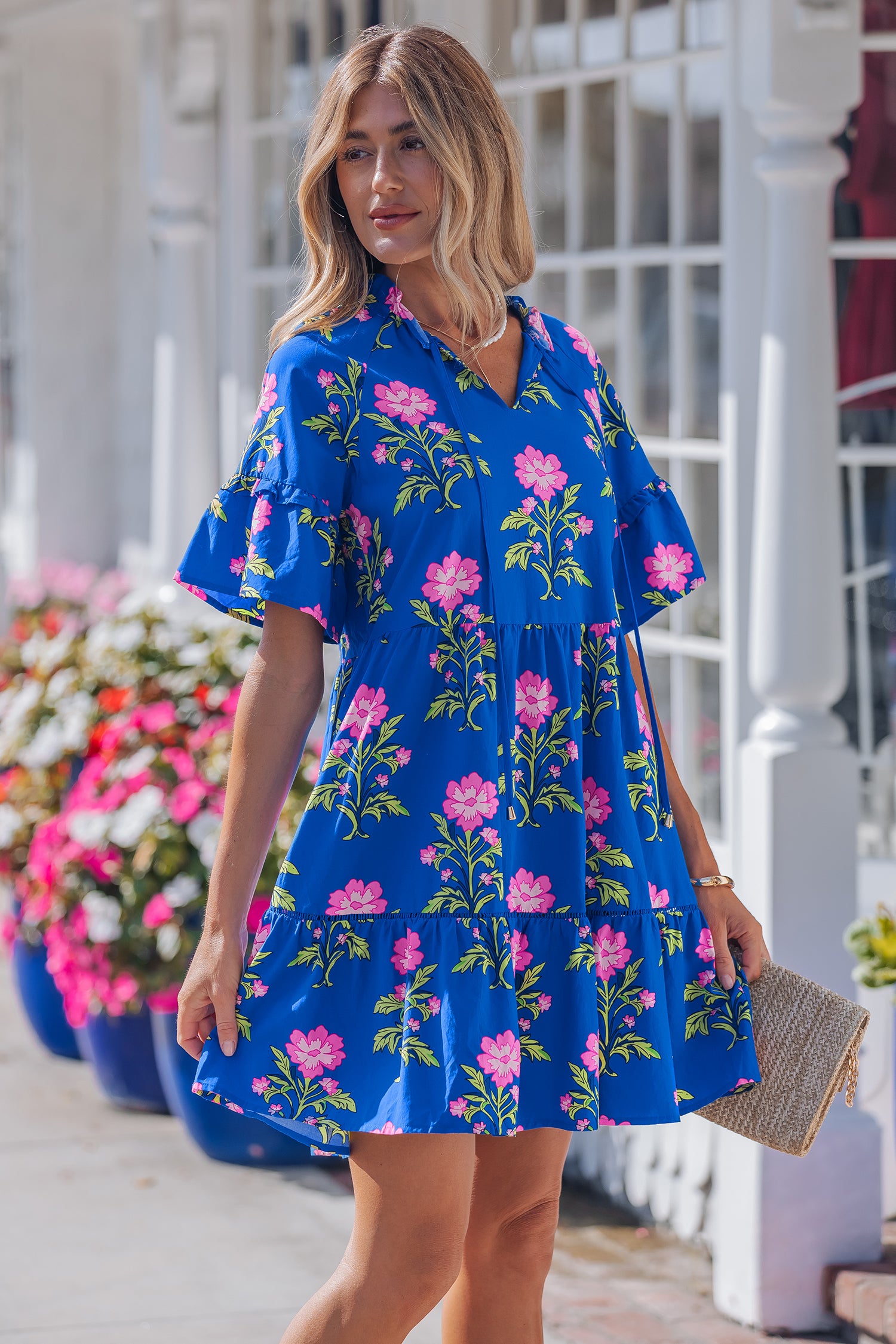 Floral Print V-Neck Ruffle Sleeve Loose Mini Dress