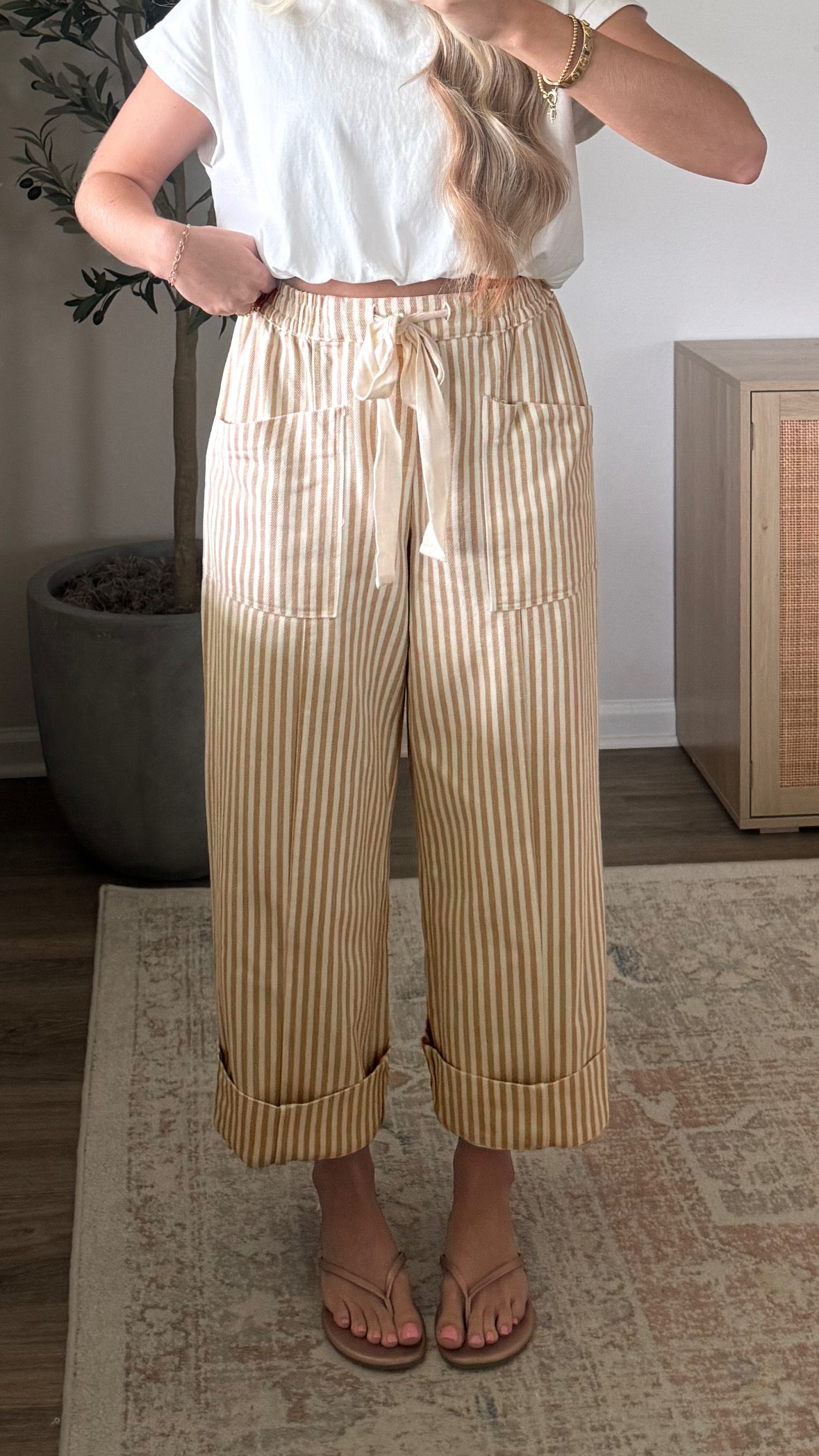 Ribbon Drawstring Waist Full-Length Shift Pant – Apricot Stripe