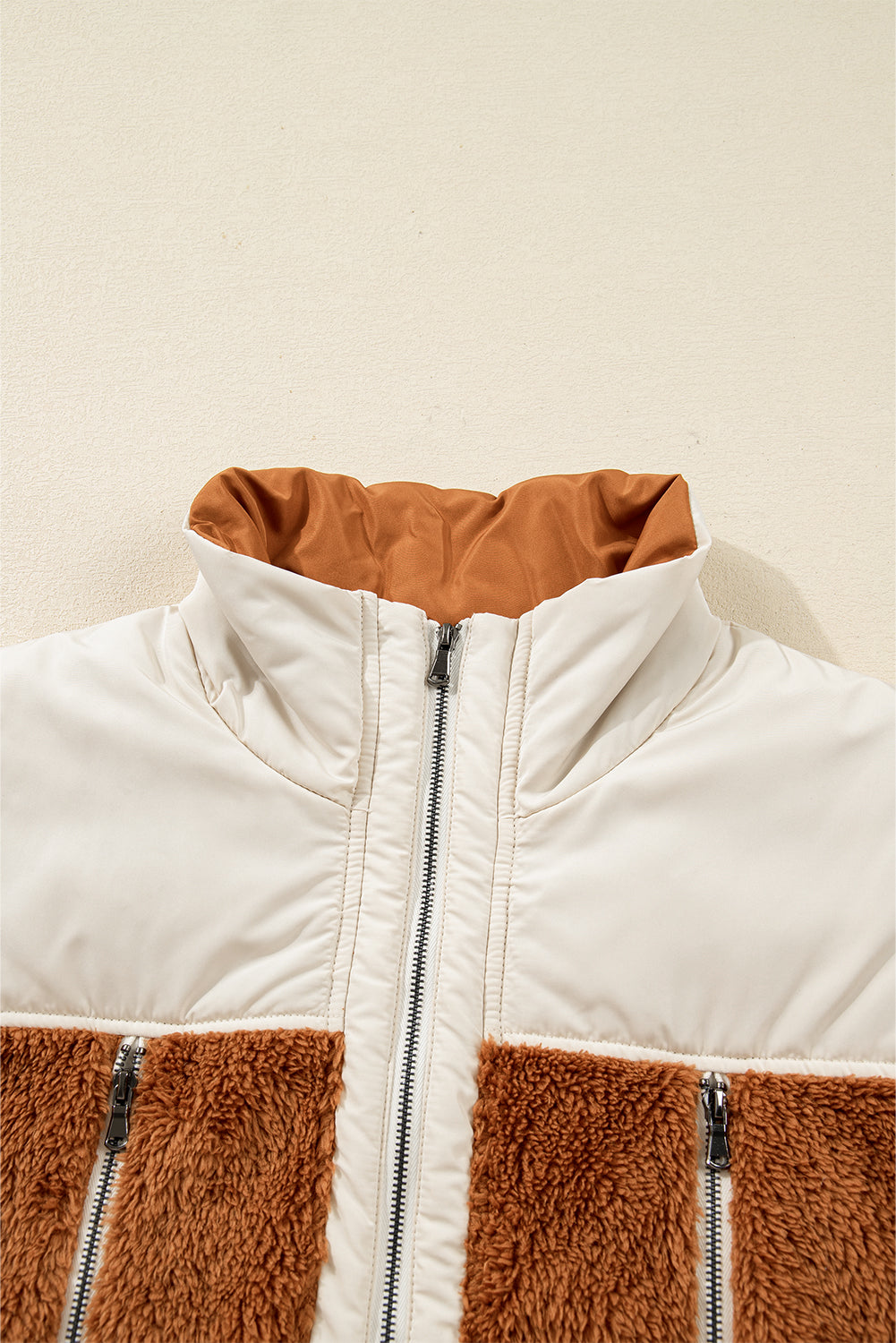 Plush Patchwork Zip Stand Neck Vest - eAura