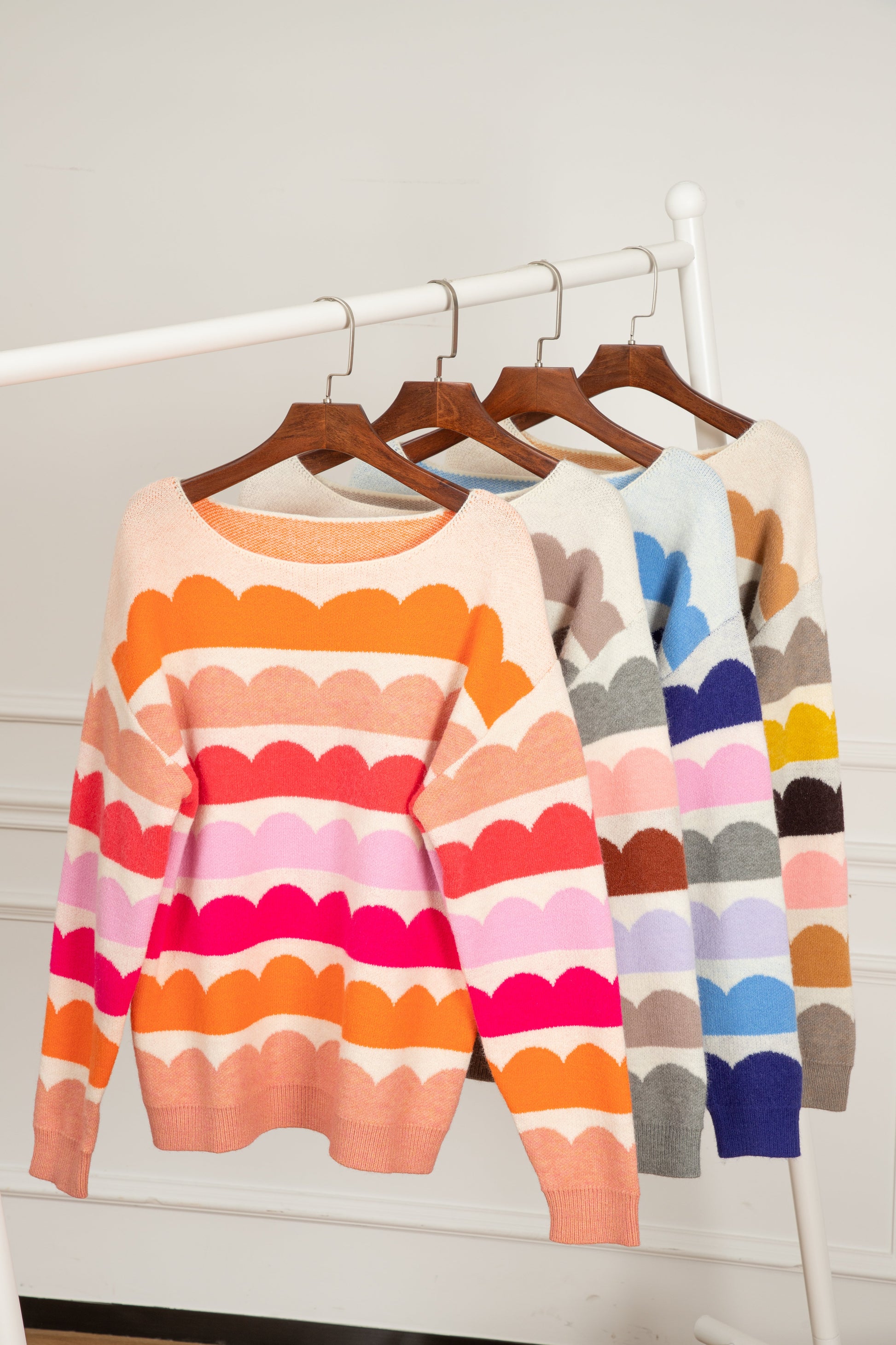Dark Blue Wave Striped Balloon Sleeve Drop Shoulder Sweater - Sweaters & Cardigans/Sweaters