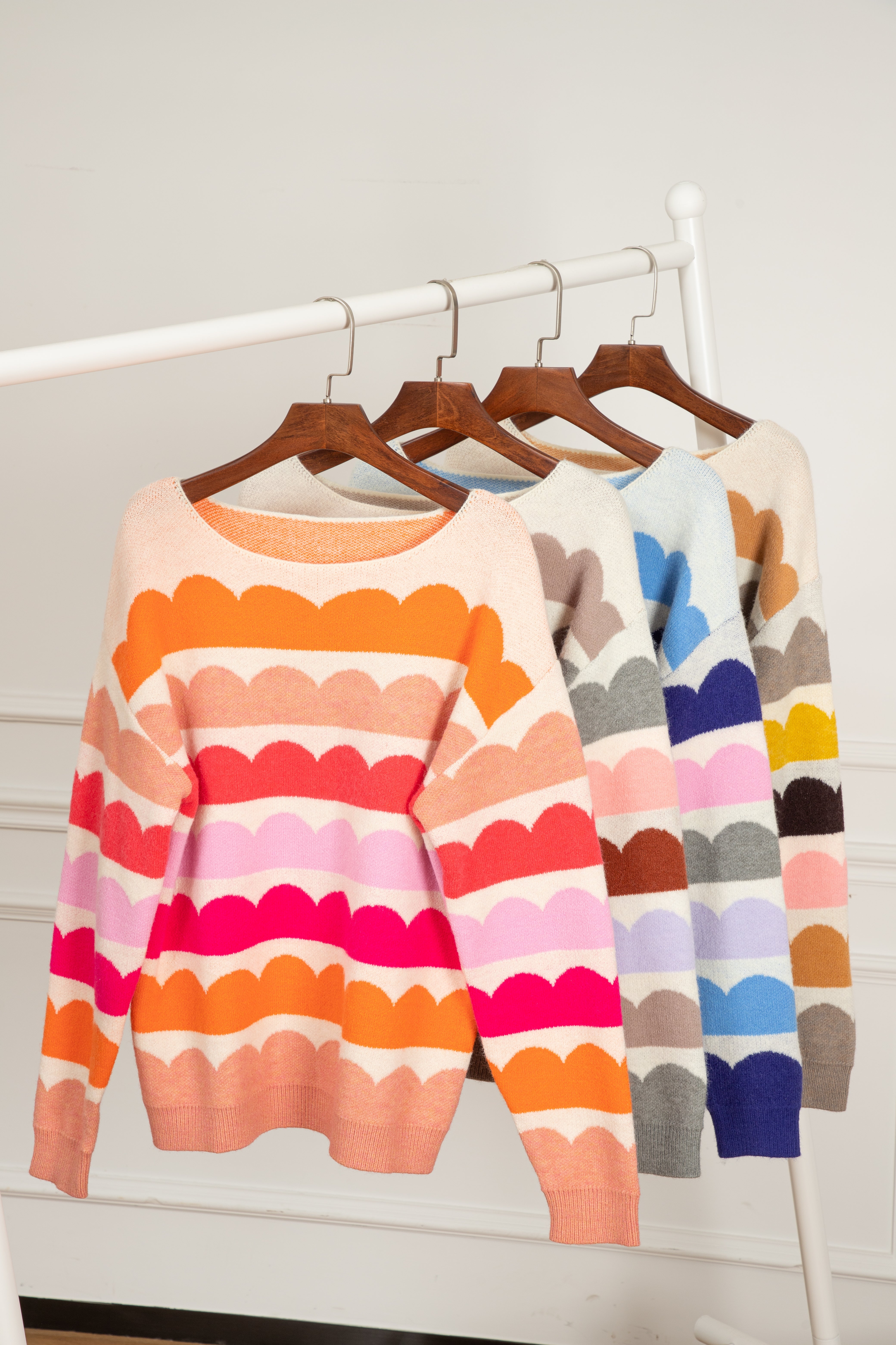 Dark Blue Wave Striped Balloon Sleeve Drop Shoulder Sweater - Sweaters & Cardigans/Sweaters