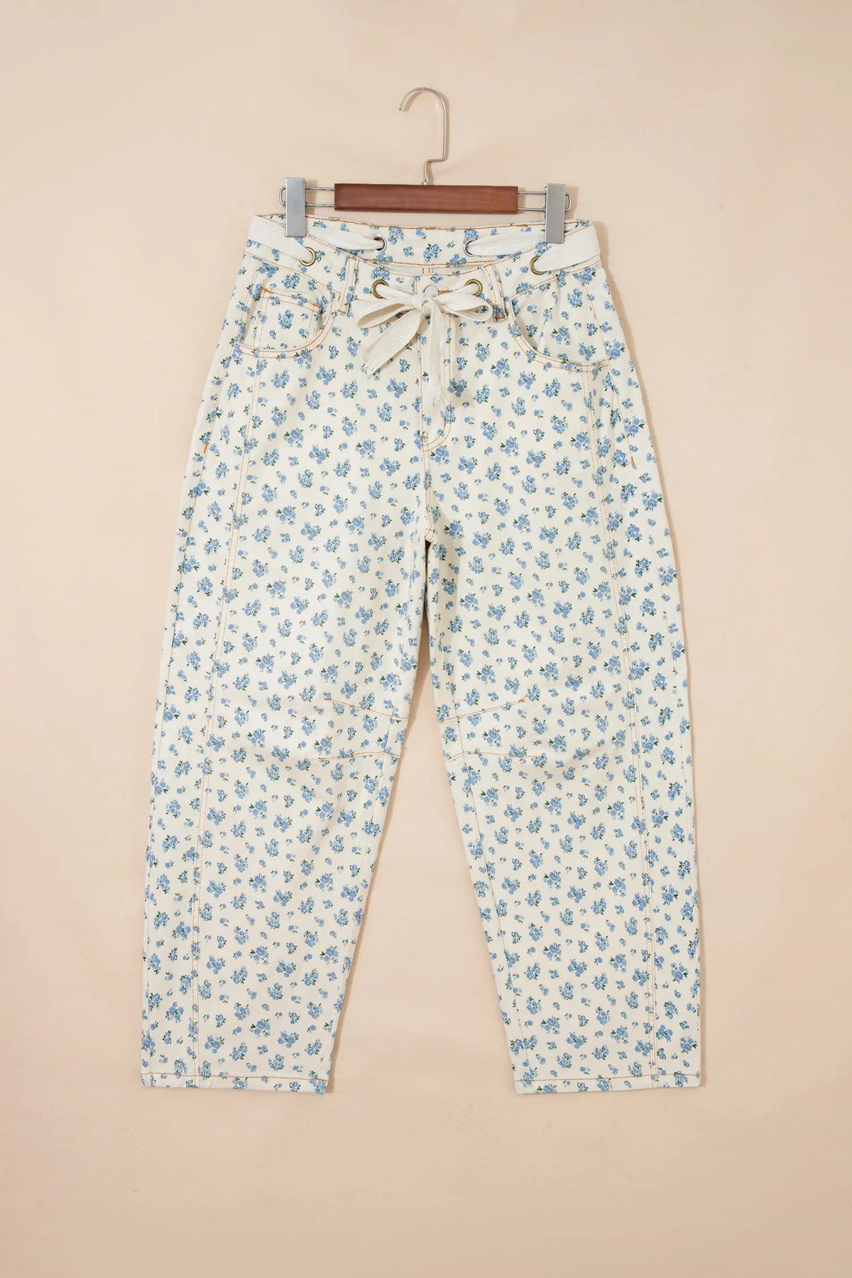 Grommet Knot Waist Floral Barrel Leg Jeans – Beige