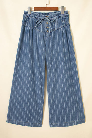 Stripe Button Pleated Drawstring Waist Wide Leg Jeans - Bottoms/Jeans/WideLeg